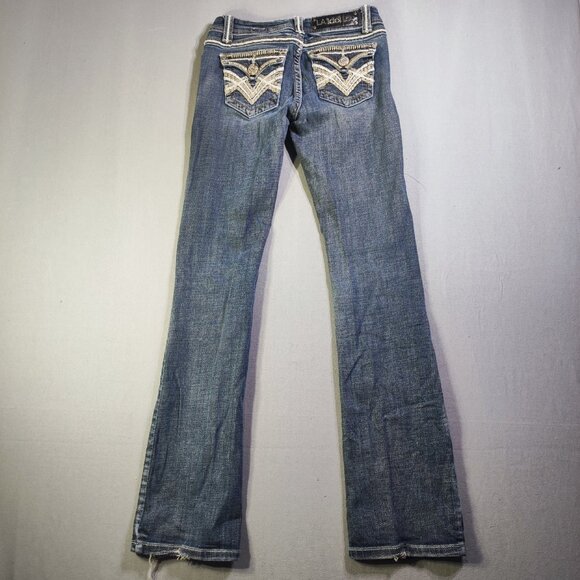 L.A. idol USA jeans flare women's size 3 W28/L34 distressed hard washed blue - Picture 3 of 16